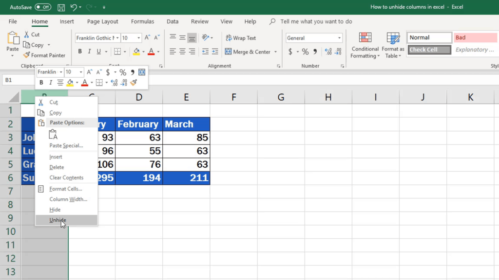 unhide column in excel for mac